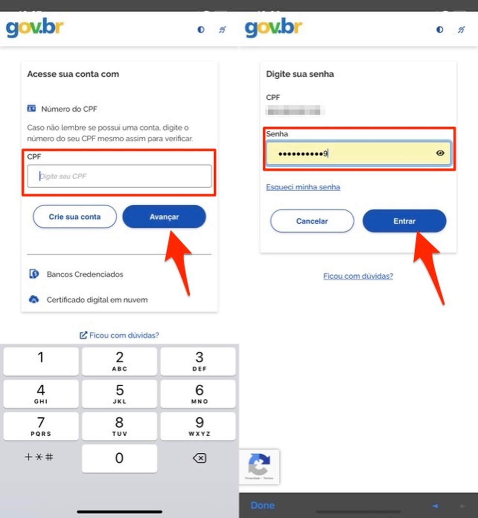 Ação para logar da plataforma Conecte SUS no celular — Foto: Reprodução/Marvin Costa