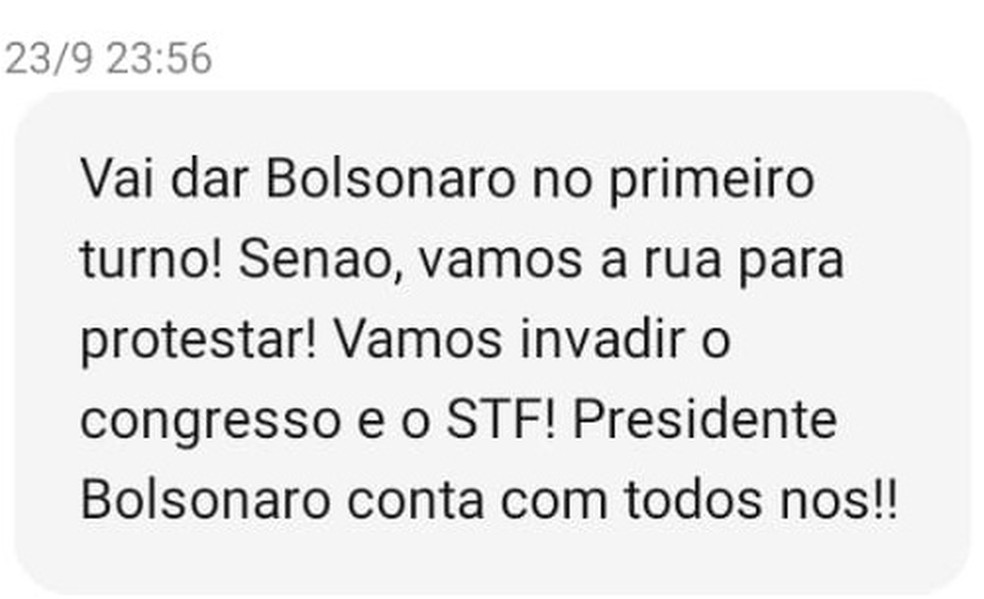 Usuários recebem SMS de inteligência artificial do Governo do Paraná com apoio a Bolsonaro e ameaça ao STF — Foto: Reprodução/Foto Autorizada