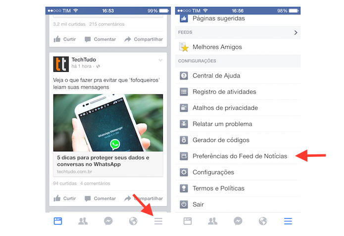 Acessando as preferencias do feed de not?cias do Facebook no iPhone (Foto: Reprodu??o/Marvin Costa)
