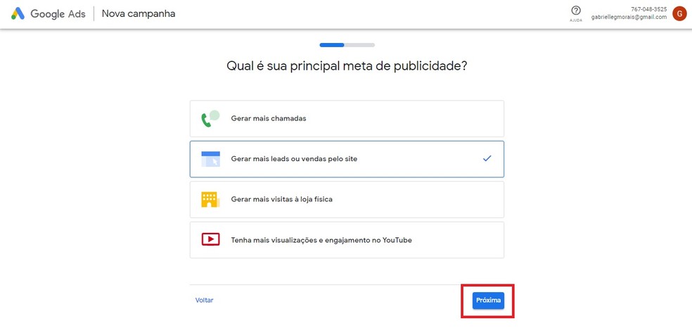 É importante definir uma meta para a suas campanhas publicitárias no Google Ads — Foto: Reprodução/Gabrielle Garcia