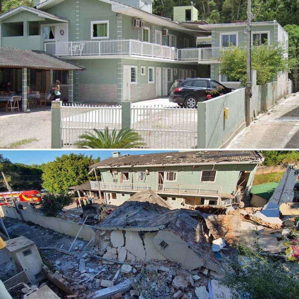 Imagem mostra local antes e depois de desabamento no bairro Jurerê, em Florianópolis — Foto: Google Maps Street View e Fabian Londero 