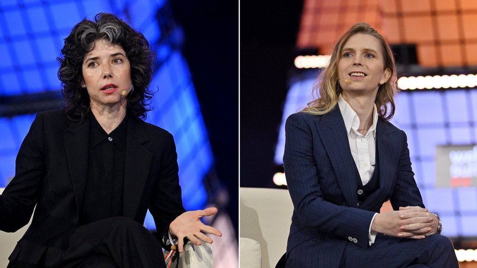 Meredith Whittaker e Chelsea Manning durante Web Summit Rio, em foto de 2 de março de 2023 — Foto: Piaras Ó Mídheach/Web Summit Rio via Sportsfile