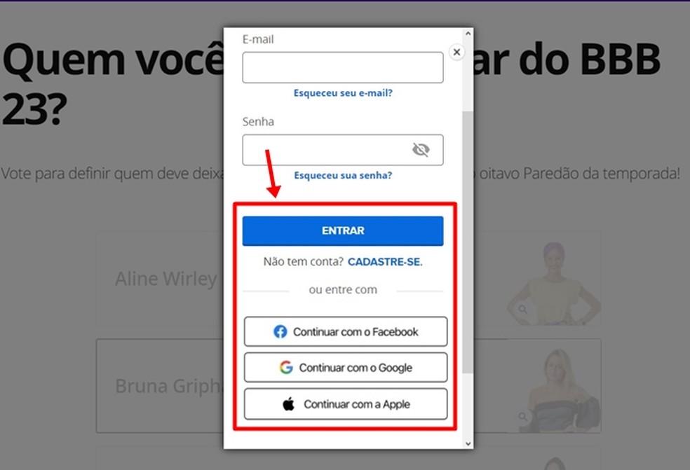 Para ter o voto no paredão contabilizado, espectador tem que fazer login com seus dados cadastrados ou se registrar aproveitando informações de contas externas — Foto: Reprodução/Gabriela Andrade