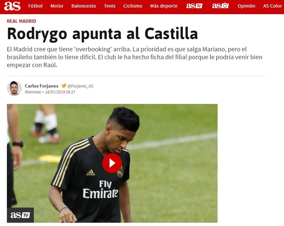 Rodrygo deve começar no Real Madrid "Castilla", diz o "As" — Foto: Reprodução/As