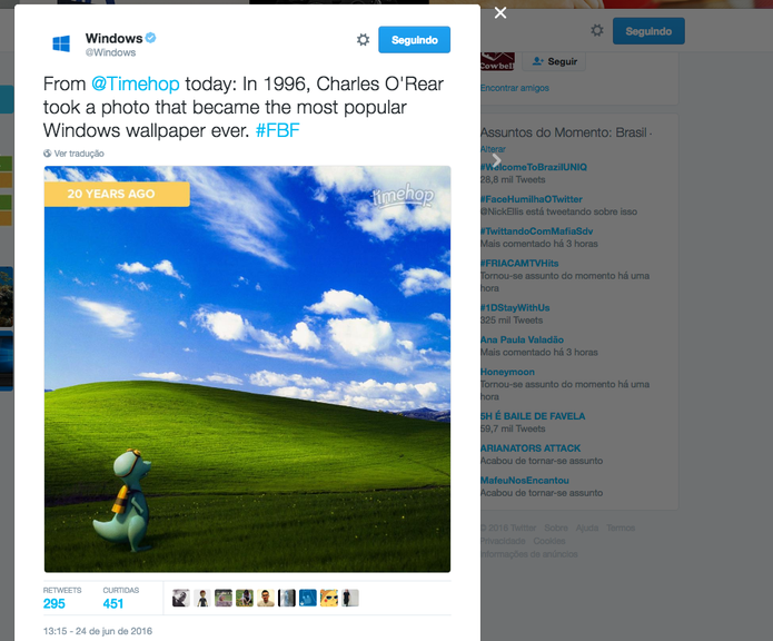 Wallpaper Bliss, do Windows XP, faz 20 anos em 2016 (Foto: Reprodução/Twitter)