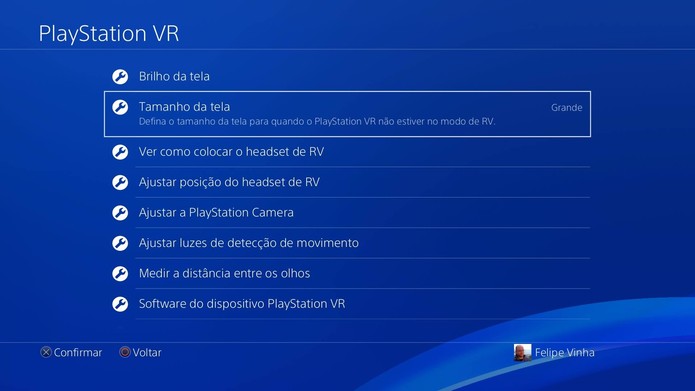 Configurações gerais do PS VR (Foto: Reprodução/Felipe Vinha)