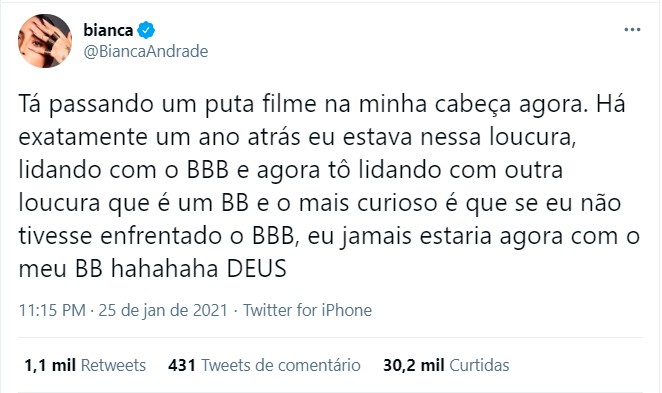 Bianca Andrade associa a gravidez ao BBB 20 (Foto: Reprodução/Twitter)
