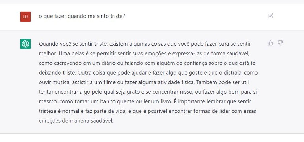ChatGPT dá conselhos sobre como lidar com a tristeza — Foto: Reprodução