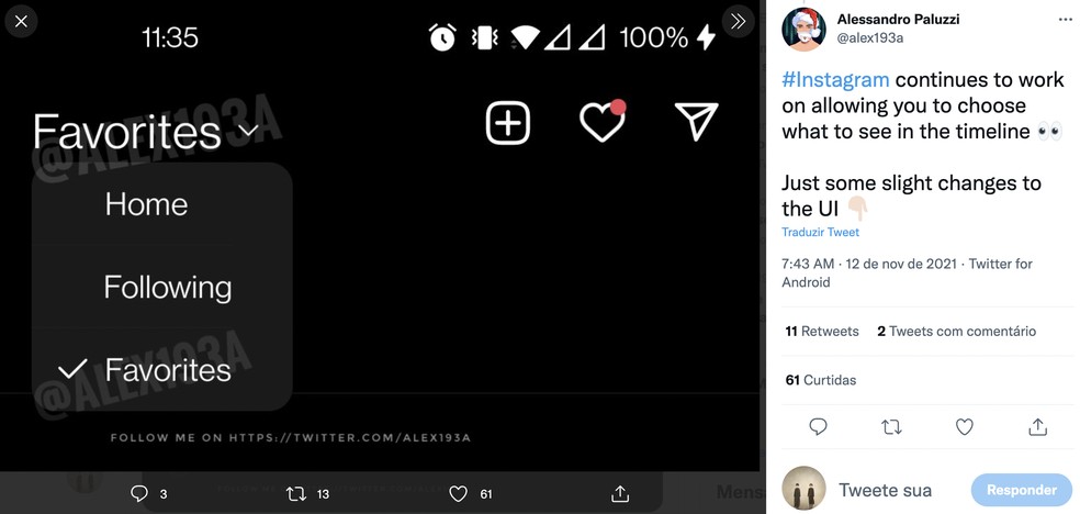 Instagram pode estar trabalhando em feeds personalizáveis, aponta captura de tela extraída pelo desenvolvedor Alessandro Paluzzi — Foto: Reprodução/Barbara Mannara