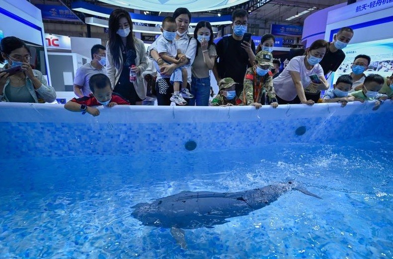 Público observa um projeto de robô semelhante a um peixe — Foto: WANG Zhao / AFP