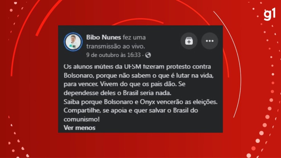 Publicação do deputado federal Bibo Nunes (PL) em seu perfil nas redes sociais — Foto: Redes sociais/Reprodução