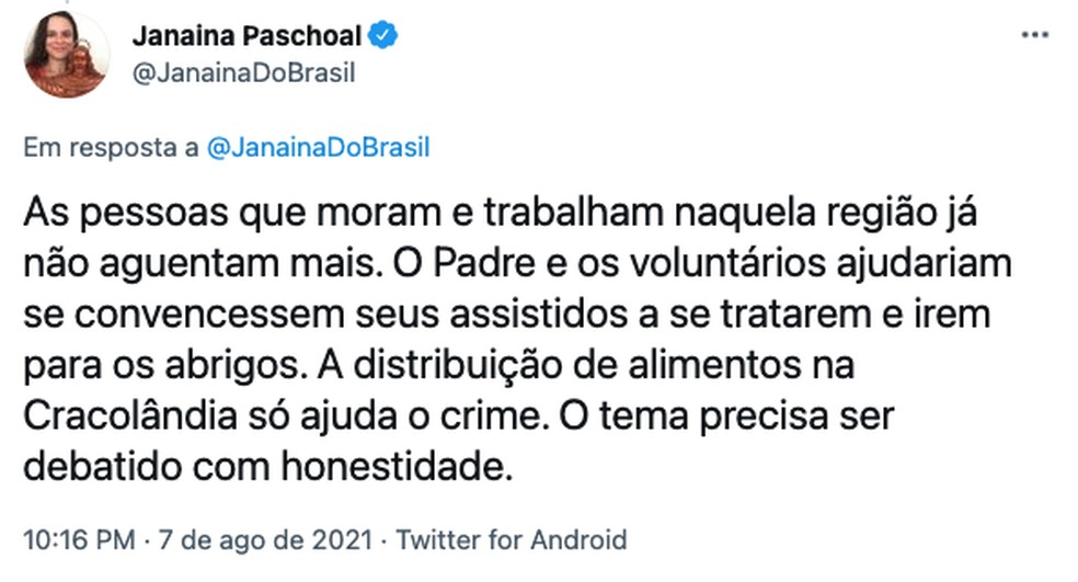 Post da deputada estadual Janaina Paschoal no Twitter critica doação de alimentos na Cracolândia — Foto: Reprodução