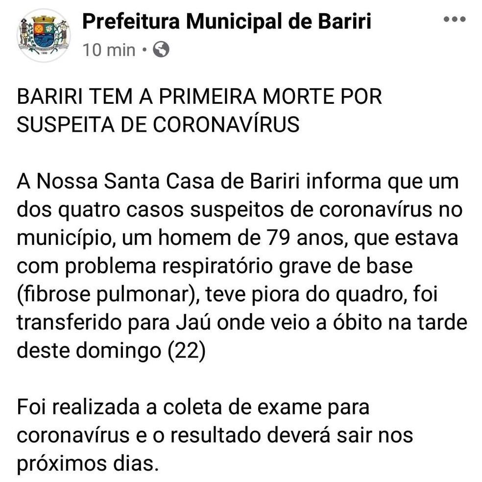 Prefeitura de Bariri anunciou uma morte suspeita de coronavírus no município neste domingo (22) — Foto: Reprodução/Facebook