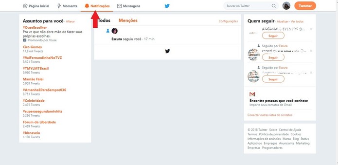 É possível ver todas as suas notificações em uma aba do Twitter, que mostra quem falou com você, os retweets e likes que você teve, entre outras coisas (Foto: Reprodução/Clara Barreto) É possível ver todas as suas notificações em uma aba do Twitter, que mostra quem falou com você, os retweets e likes que você teve, entre outras coisas (Foto: Reprodução/Clara Barreto)