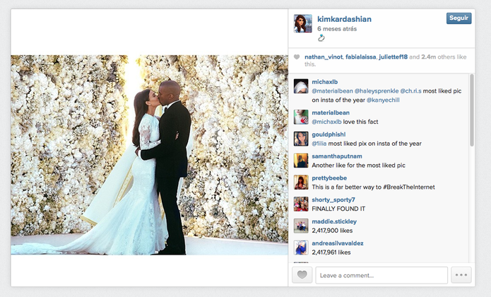 Casamento de Kim Kardashian com Kanye West rende a foto mais curtida de 2014 no Instagram (Foto: Reprodução/Instagram)