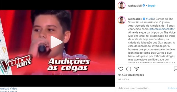 Jornalista Raphael Acioli noticia morte do cantor Tuca Almeida, ex The Voice Kids (Foto: Reprodução/Instagram)
