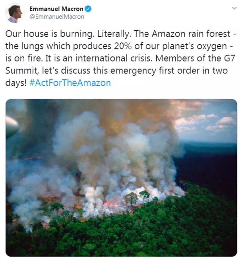 Macron fala de queimadas na Amazônia no Twitter — Foto: Reprodução