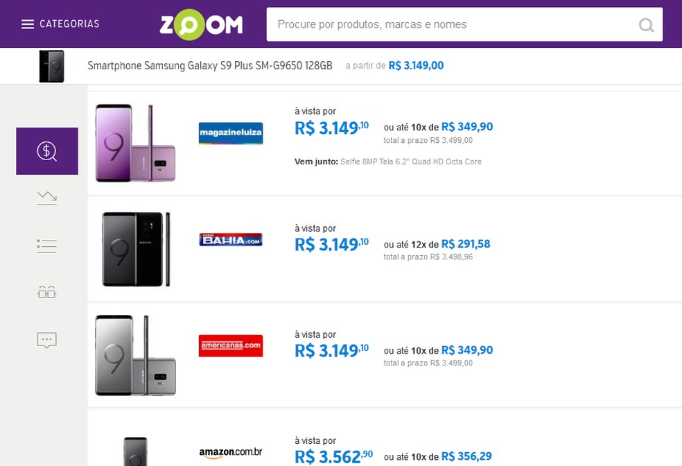 Galaxy S9 Plus com preços comparados pelo Zoom — Foto: Reprodução/Isabela Cabral