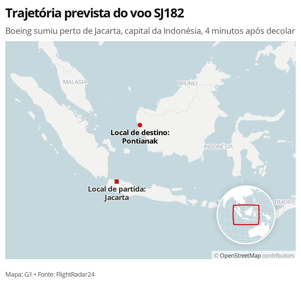 MAPA: Trajeto previsto do voo SJ182, desaparecido na Indonésia — Foto: G1 Mundo
