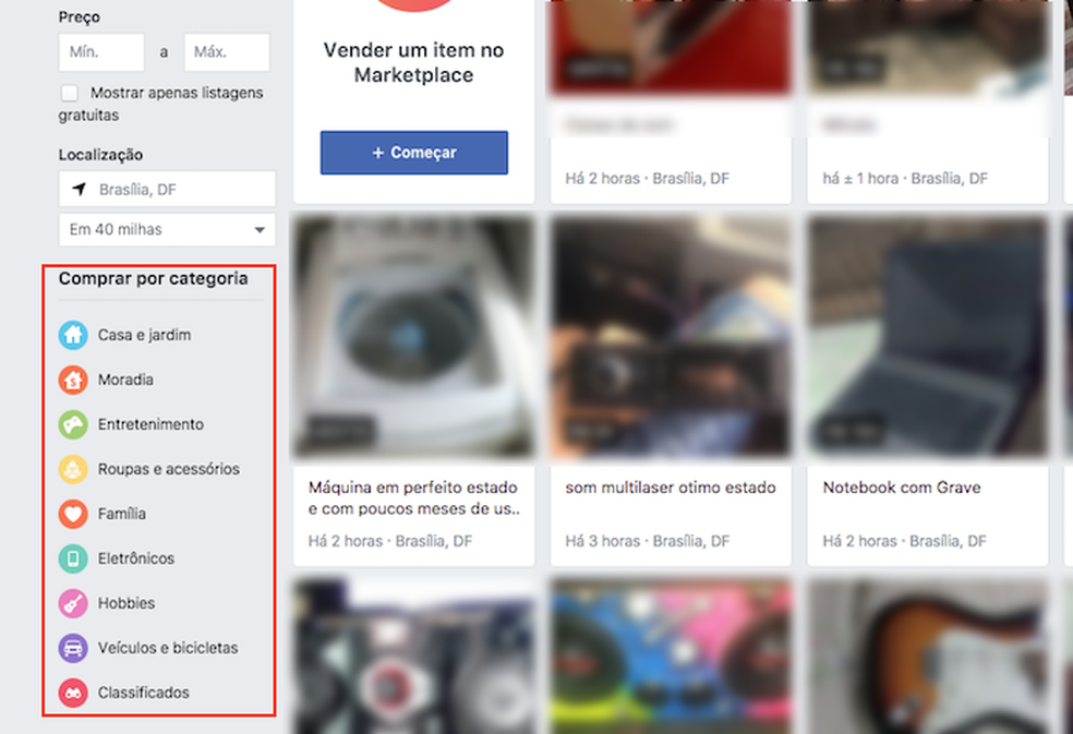 Ação para usar o filtro de categorias do Facebook Marketplace (Foto: Reprodução/Marvin Costa)