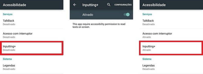 Ativação do app Inputting+ no menu de Acessibilidade do Android (Foto: Reprodução/Raquel Freire)
