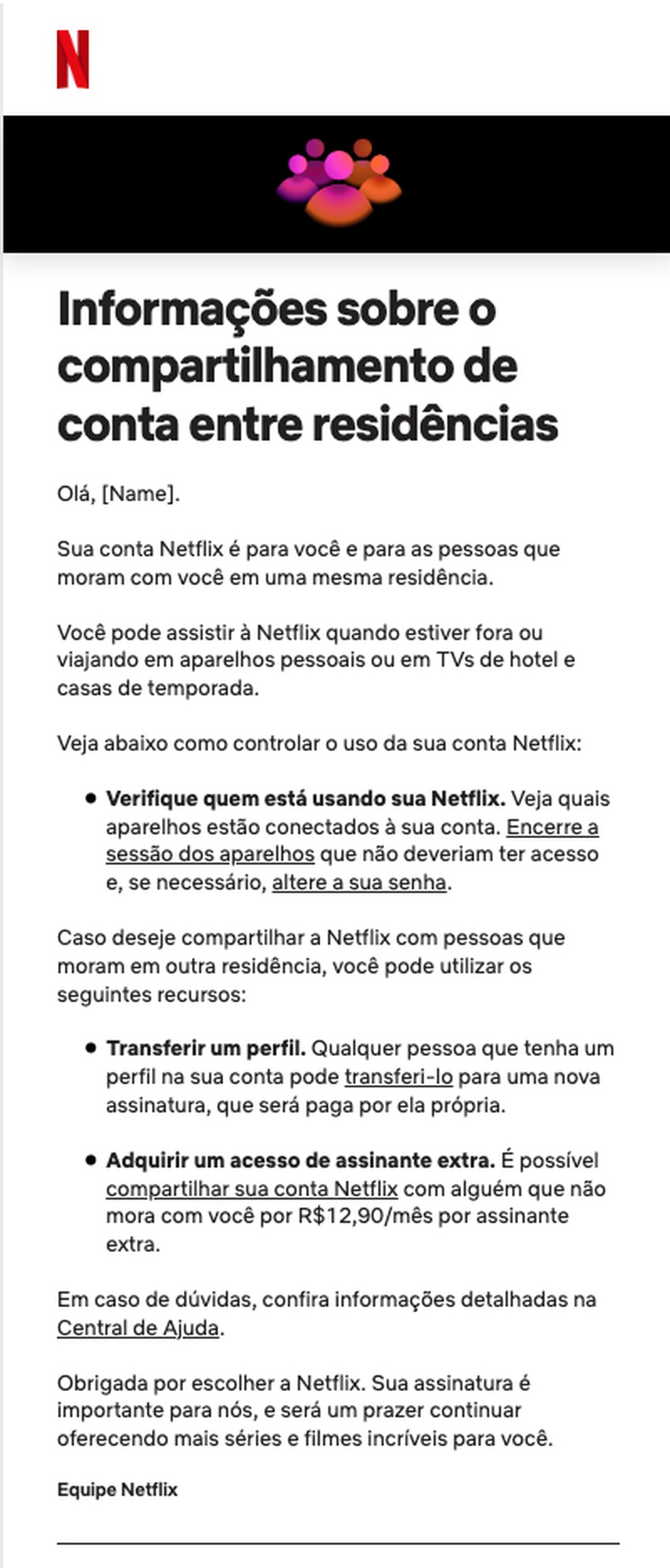 E-mail que será enviado aos assinantes da Netflix avisando sobre a mudança — Foto: Divulgação/Netflix