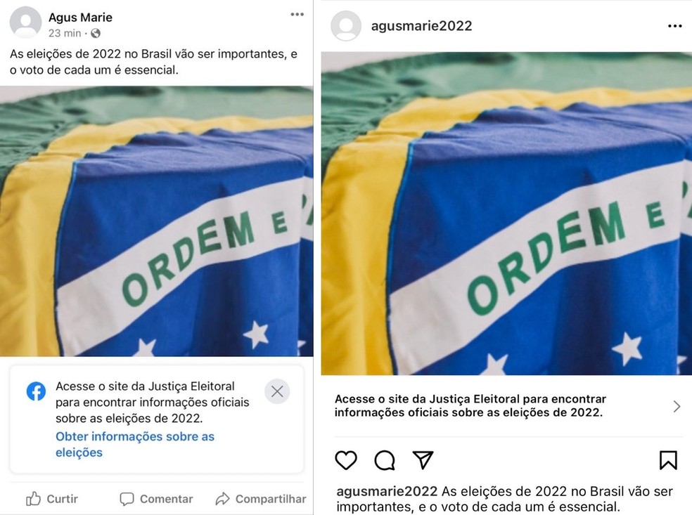 Exemplo dos rótulos sobre eleições no Facebook e no Instagram — Foto: Reprodução