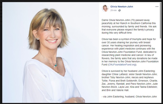 Publicação na página oficial de Olivia Newton John (Foto: Reprodução/Facebook)
