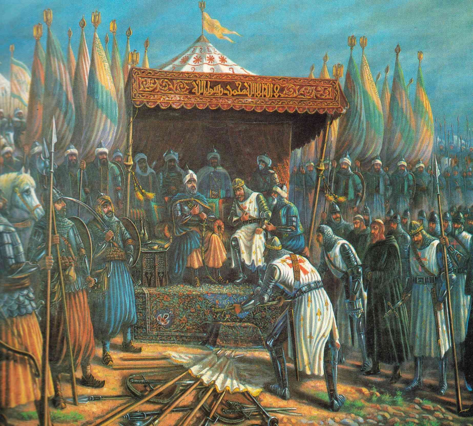 Pintura sobre o momento em que as tropas cristãs se renderam a Saladino (Foto: Reprodução)