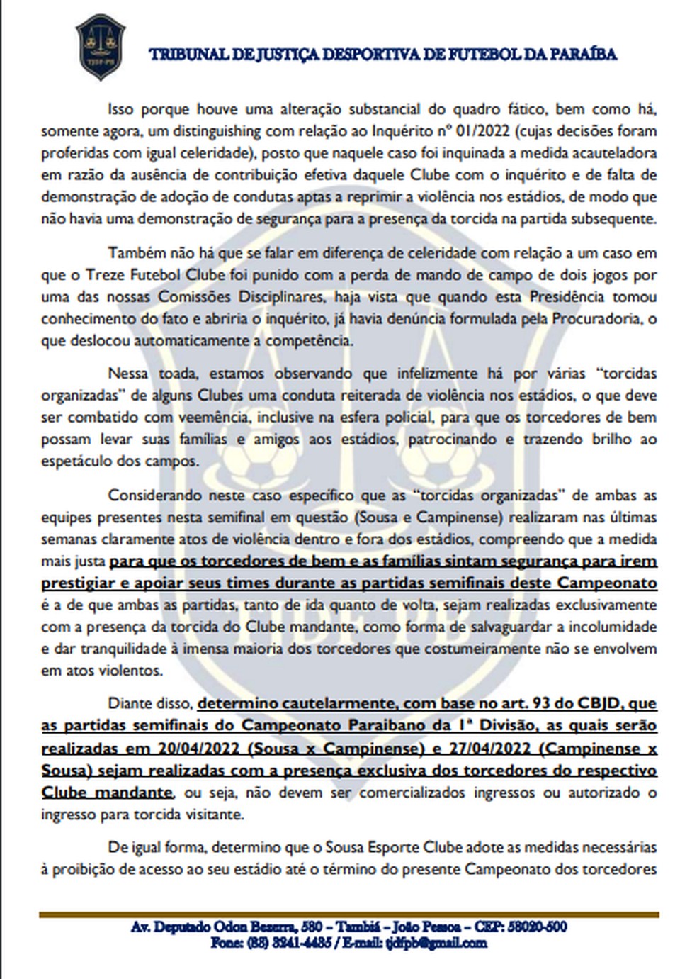 Decisão na íntegra do Tribunal de Justiça Desportiva de Futebol da Paraíba — Foto: Divulgação / TJDF-PB