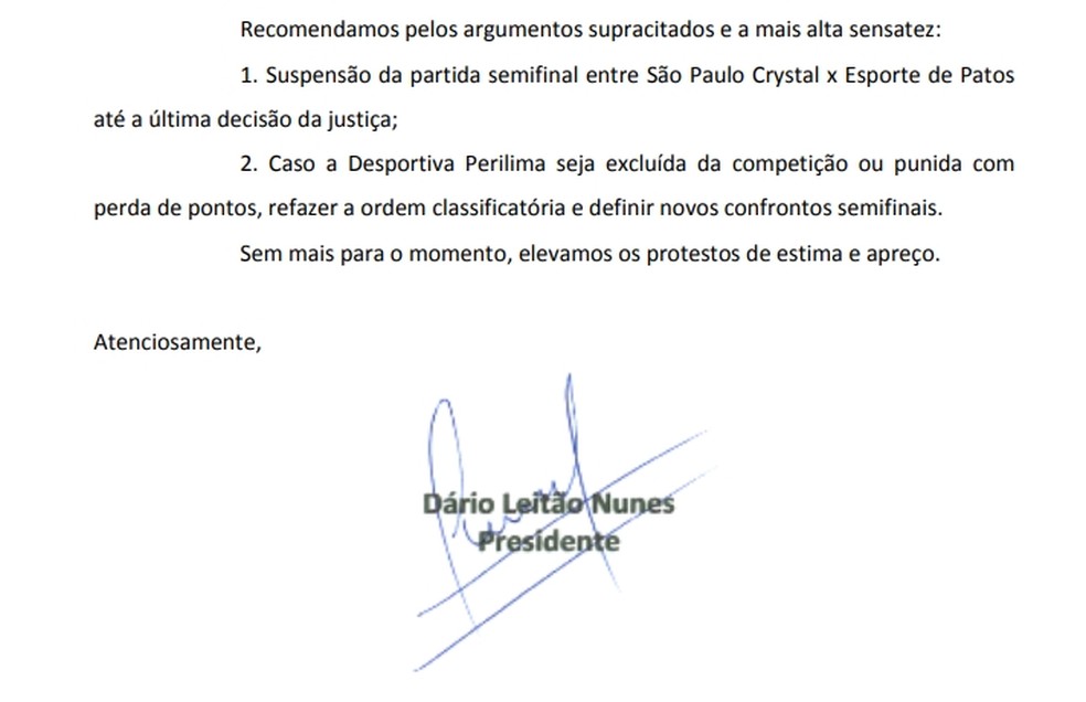 Esporte de Patos solicita suspensão de partida contra o São Paulo Crystal — Foto: Reprodução/Esporte de Patos