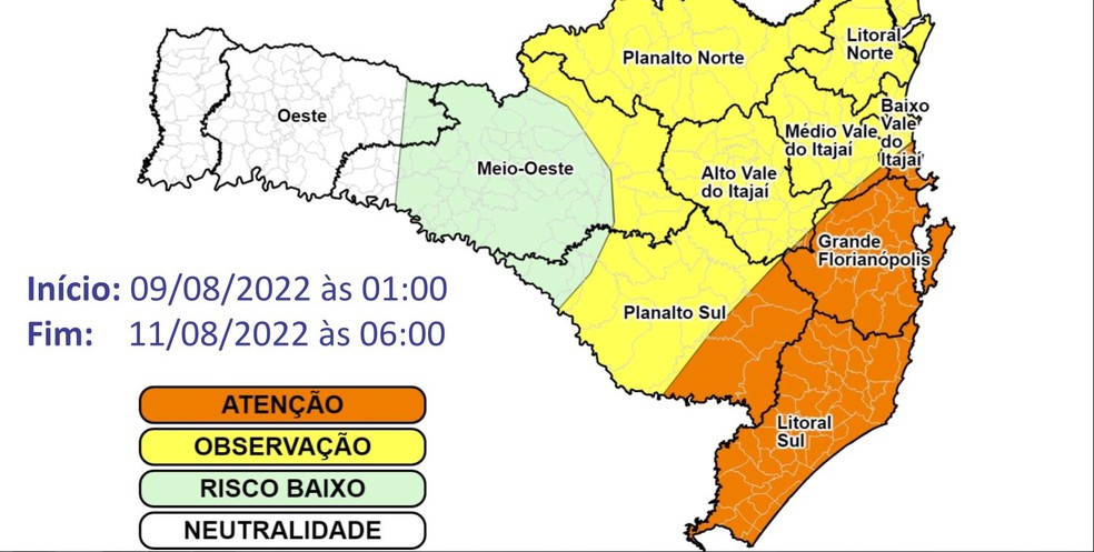 Nas áreas em laranja, há mais risco de problemas causados por chuva volumosa — Foto: Defesa Civil/Divulgação
