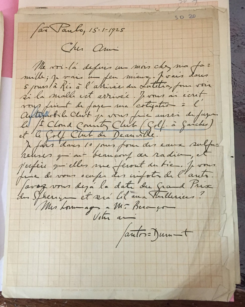 Carta inédita de Santos Dumont relata paixão por balões e problemas de saúde (Foto: Aéro-Club de France/Divulgação)