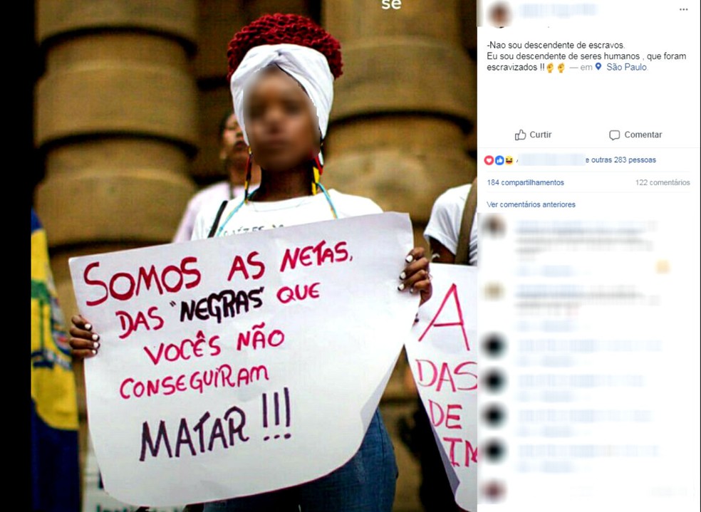 Postagem com a foto da adolescente segurando um cartaz com a frase sobre escravidÃ£o foi compartilhado centenas de vezes (Foto: Facebook / ReproduÃ§Ã£o )
