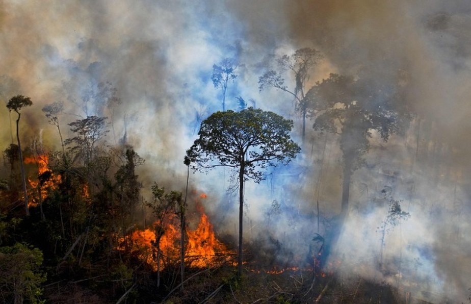 Fumaça sobe de um incêndio ilegal na reserva da floresta amazônica, ao sul de Novo Progresso, no estado do Pará