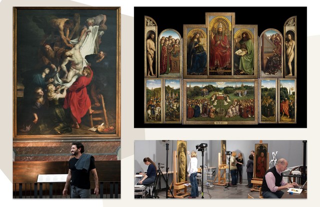 À esquerda, Lorenzo na Catedral de Nossa Senhora e o quadro O Levantamento da Cruz, de Peter Paul Rubens. Ao lado, a restauração da obra Mystic Lamb (Foto: Reprodução)