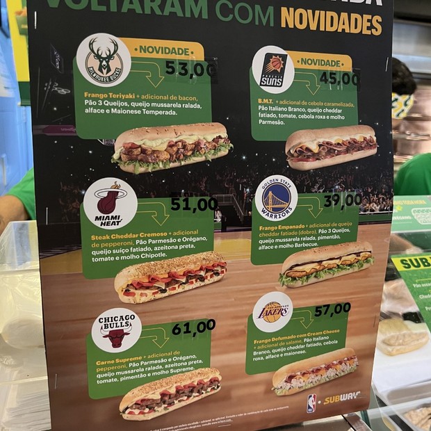 Preços da linha de sanduíches com temática da NBA viralizaram nas redes (Foto: Reprodução/Redes sociais)