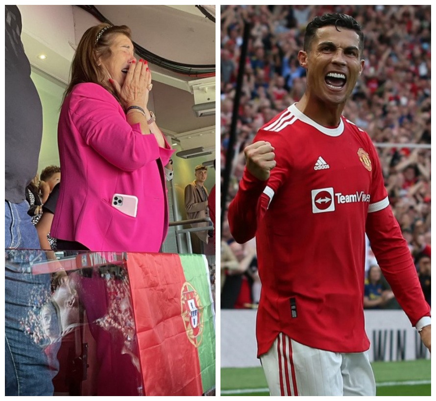 Maria Dolores Aveiro emocionada no estádio Old Trafford com a reestreia do filho Cristiano Ronaldo pelo Manchester United (Foto: Twitter/Getty Images)