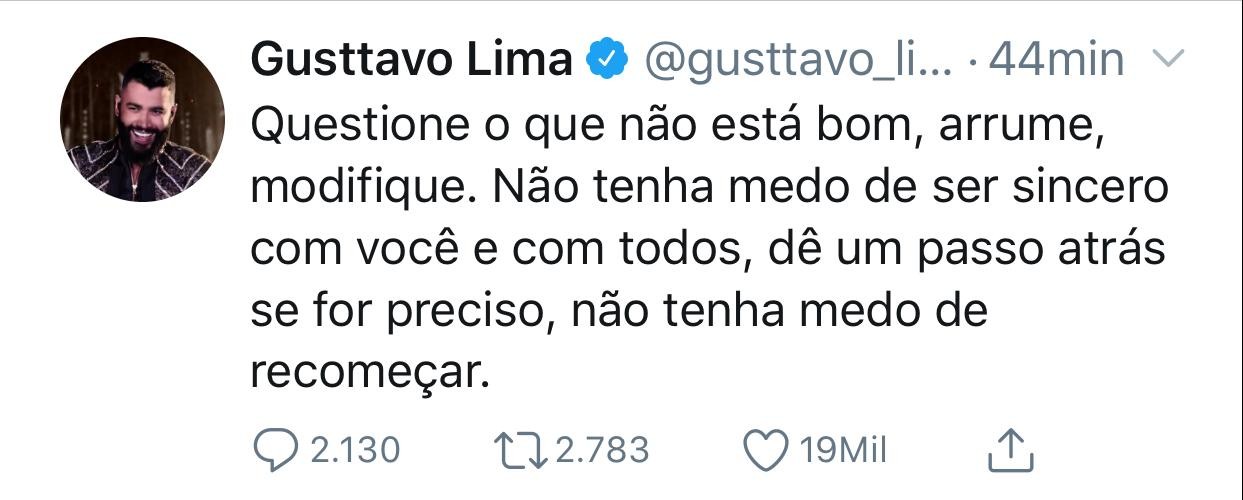 Gusttavo Lima apaga parte de tweet pós-separação (Foto: Reprodução/Twitter)