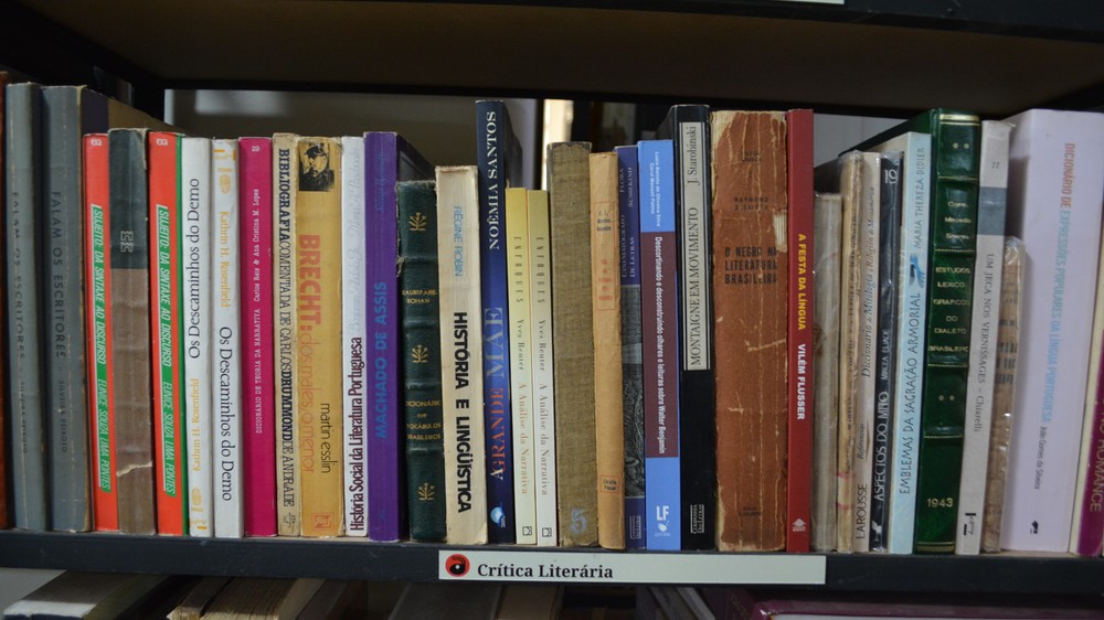 Estante de livros no Sebo do Formiga, em Piracicaba