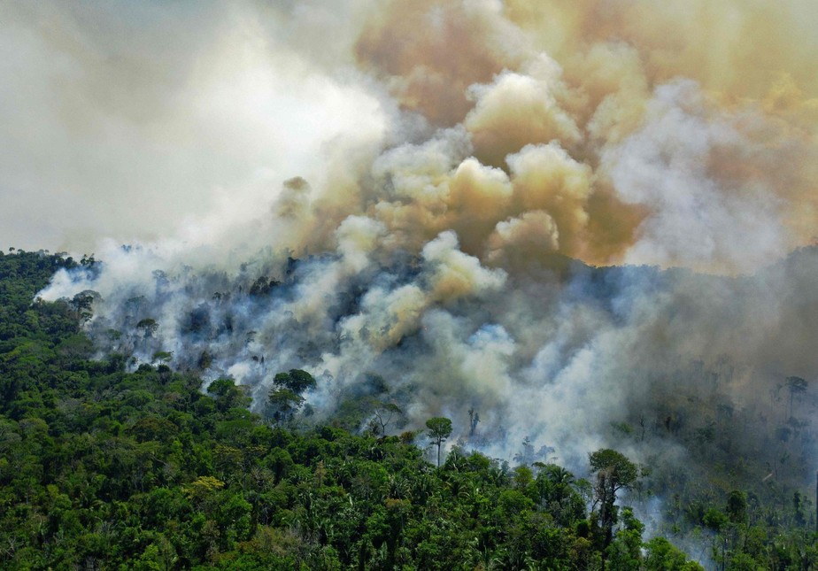 Foto aérea mostra incêndio florestal em Novo Progresso, no estado do Pará
