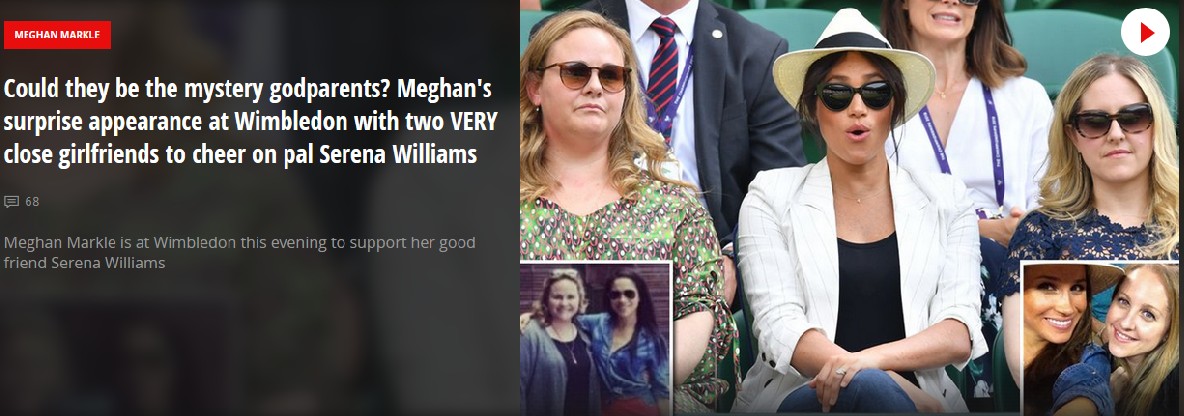 A chamada do site do jornal inglês Daily Mirror cogitando a possibilidade das amigas de Meghan Markle serem as madrinhas secretasdo bebê Archie Harrison (Foto: Reprodução)