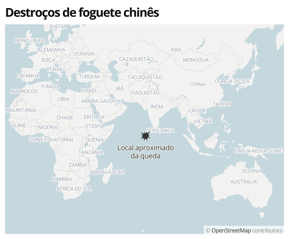 Mapa mostra onde caíram os destroços do foguete chinês — Foto: G1