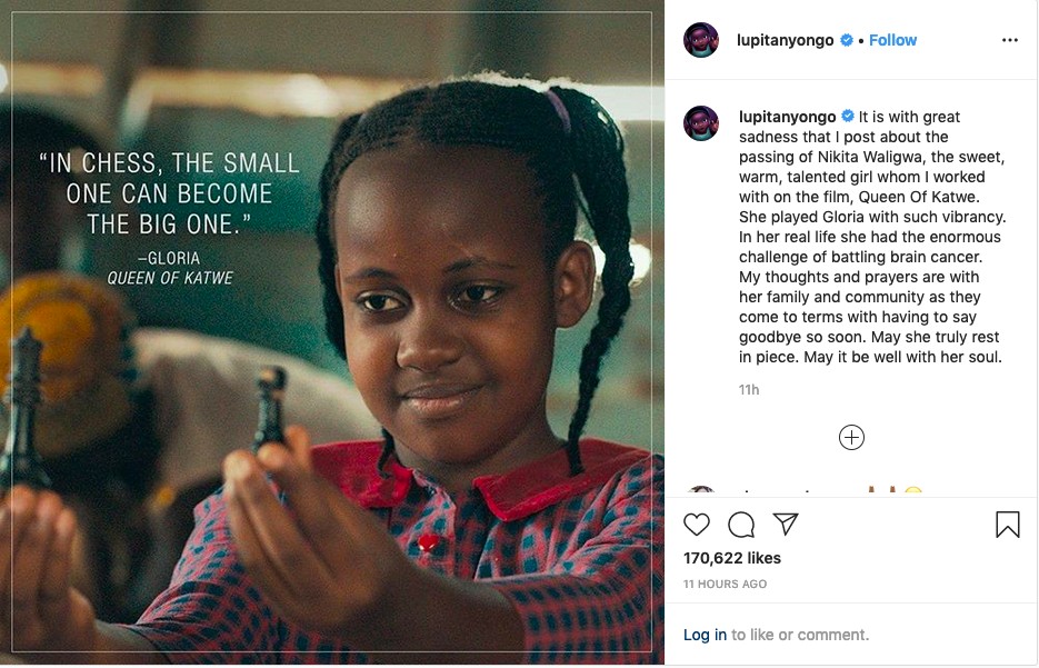 O post da atriz Lupita Nyongo lamentando a morte da atriz Nikita Waligwa (Foto: Instagram)