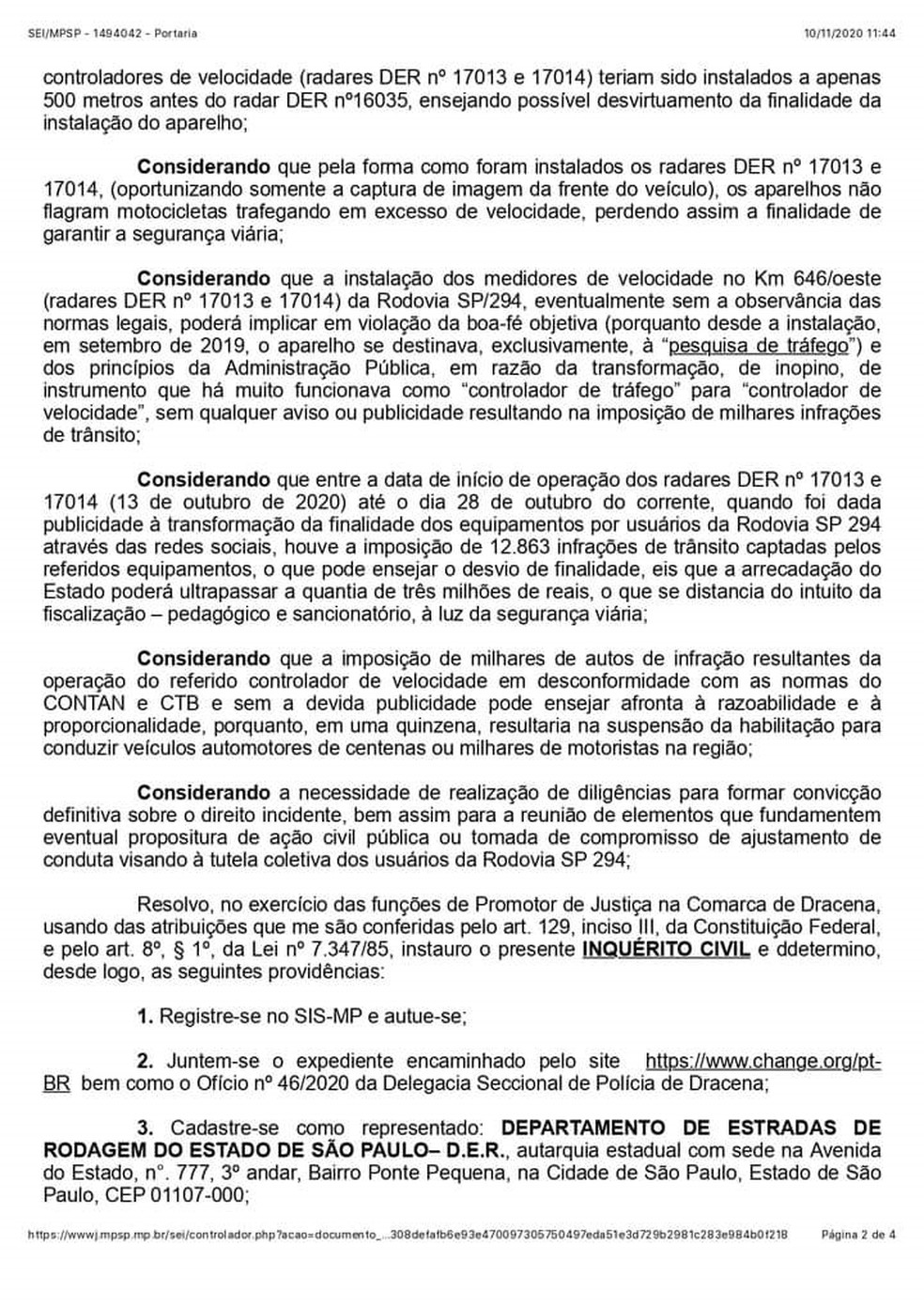 MPE abriu inquérito para apurar supostas irregularidades na instalação de radares em Dracena — Foto: Reprodução