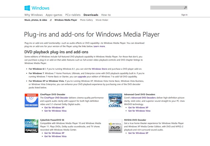 Página da Microsoft com os codecs