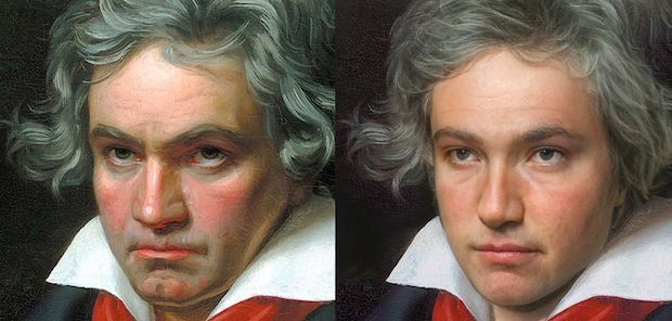 O músico Ludwig van Beethoven em quadro e sua imagem realística feita por Nathan Shipley (Foto: Nathan Shipley / Reprodução)