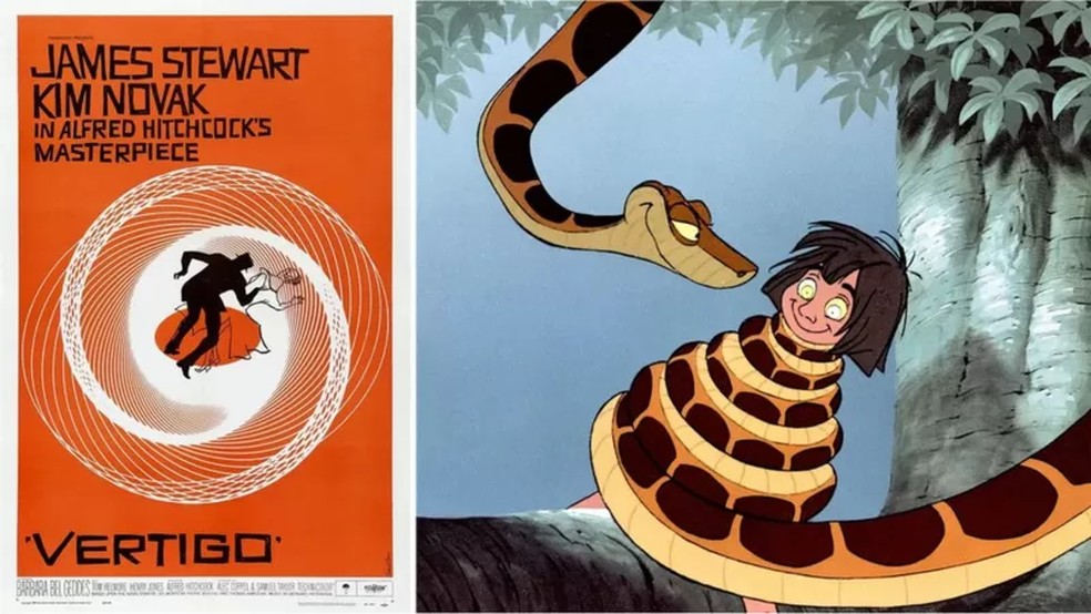 Espiral aparece no filme de Hitchcock "Um Corpo que Cai" e também na cena do desenho "Mogli — O Menino Lobo" que mostra a serpente Kaa hipnotizando o personagem-título — Foto: Getty Images via BBC