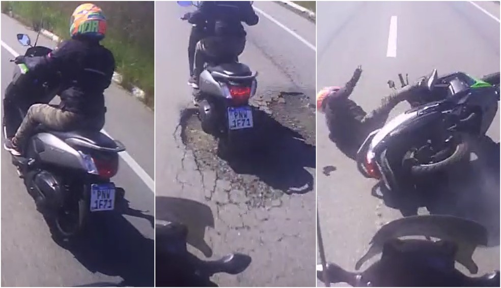 Buraco em pista causa acidente de motociclista no Ceará; a condutora sofreu ferimentos leves e teve prejuízo material — Foto: Adriano Castelo/Arquivo pessoal