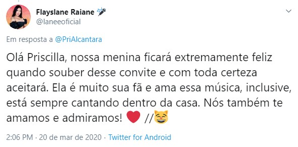 Priscilla Alcântara convida Flayslane para dueto (Foto: Reprodução/Twitter)